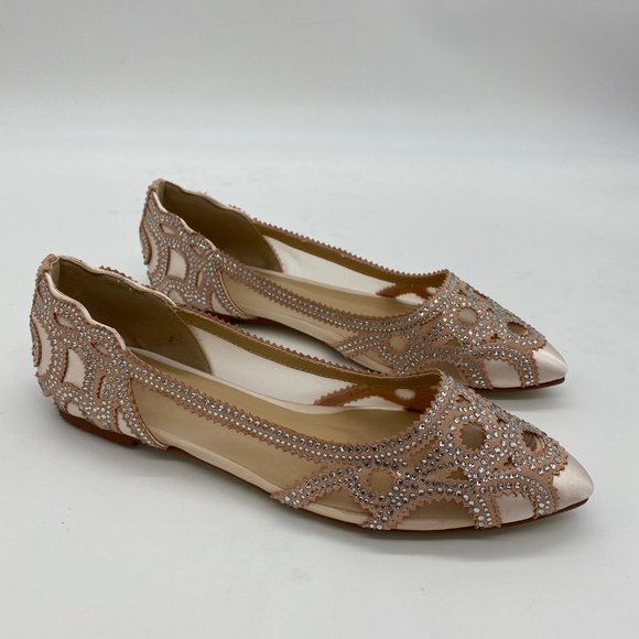 XYD Nude Pink Pointed Toe Rhinestone Mesh Flat - Picture 4 of 11